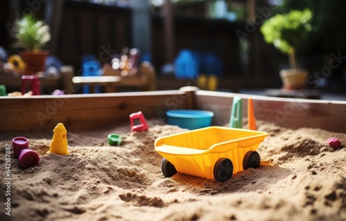 toy car on the sand in the sandbox. selective focus.