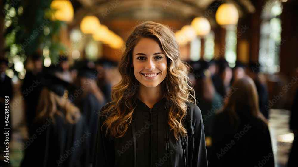 Generative AI, young beautifaul girl student, university graduate, professor on the background of the college, black gown, researcher, joyful emotions, smile, architecture, woman