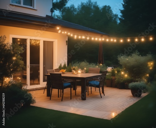 Summer evening on the patio of beautiful suburban house with lights in the garden garden © Arhitercture