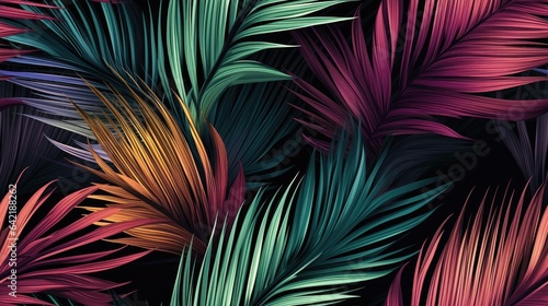 Seamless pattern tropical palm leaves with a textured colored aesthetic on a rich black background.