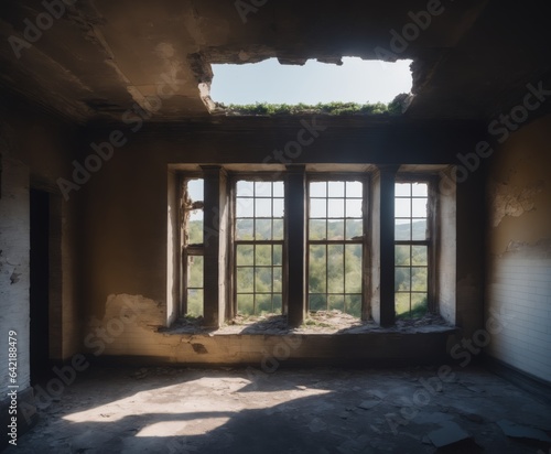 Ruined walls of an abandoned building under the sunlight coming from the broken window