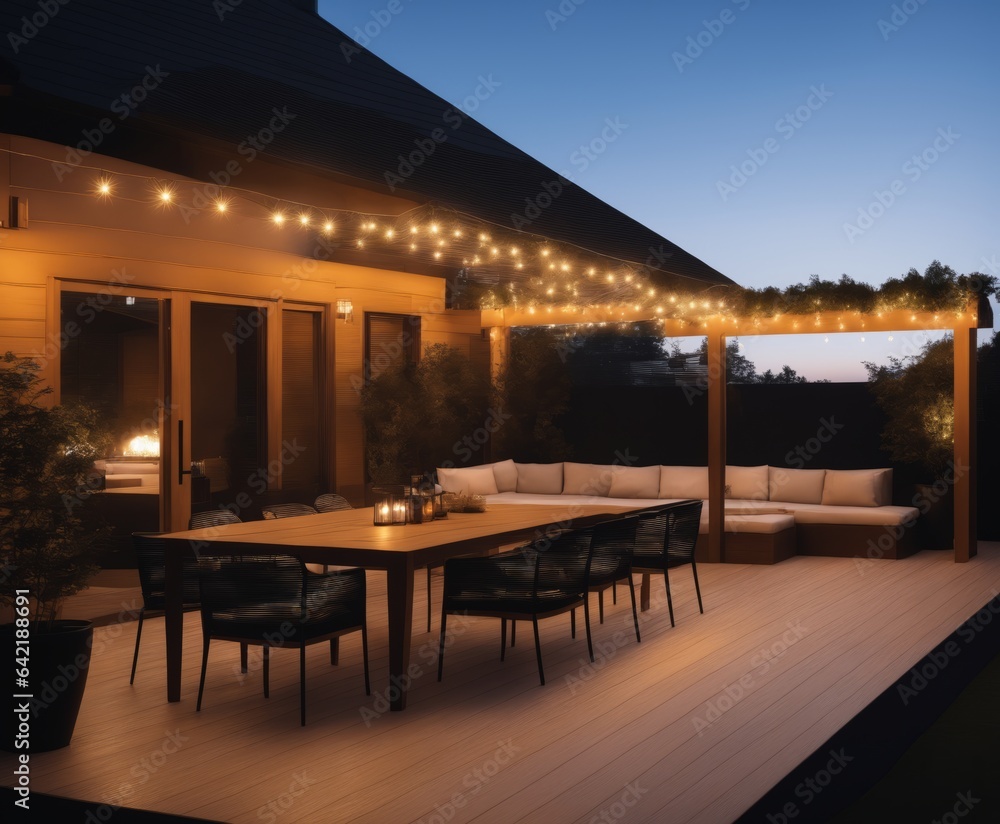 A beautiful design of terrace lounge decorated with lights