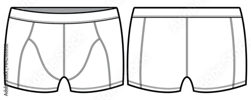Men's boxer brief underwear front and back view flat sketch fashion illustration, Gents trunk under garments vector template