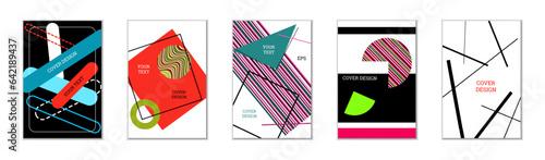 Geometric cover design, set of 5 covers. Abstract unusual background in Memphis style. Bright geometric shapes in random order