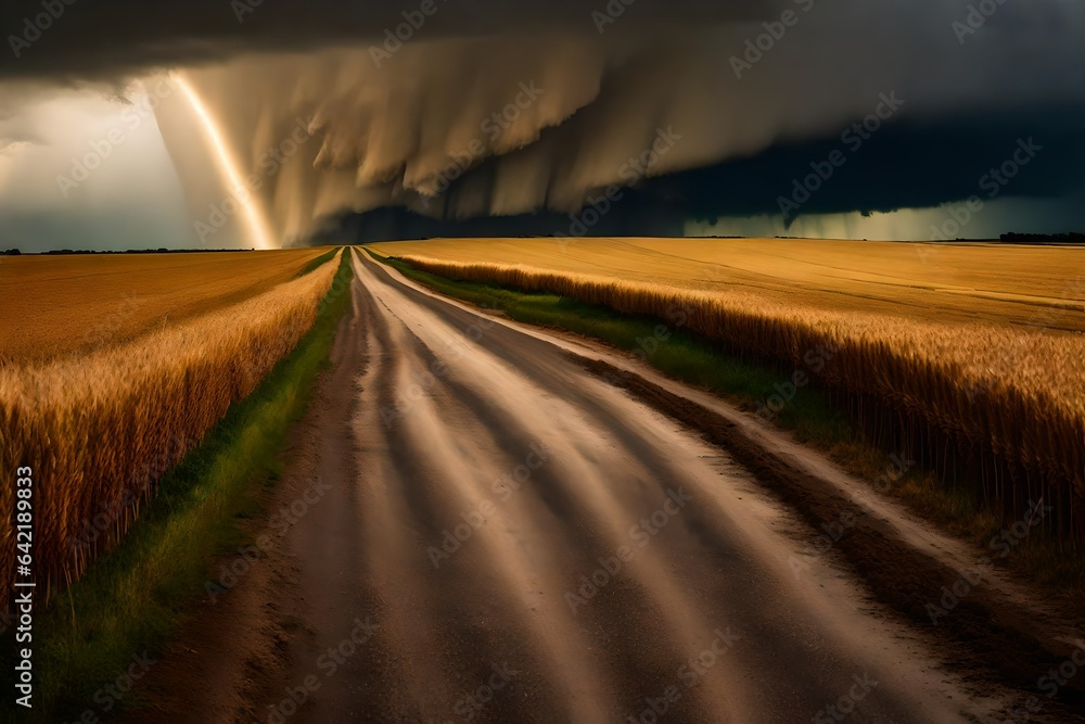 Driving on straight dirt road towards the ominous tornado storm through the cultivated fields of wheat and corn crops 