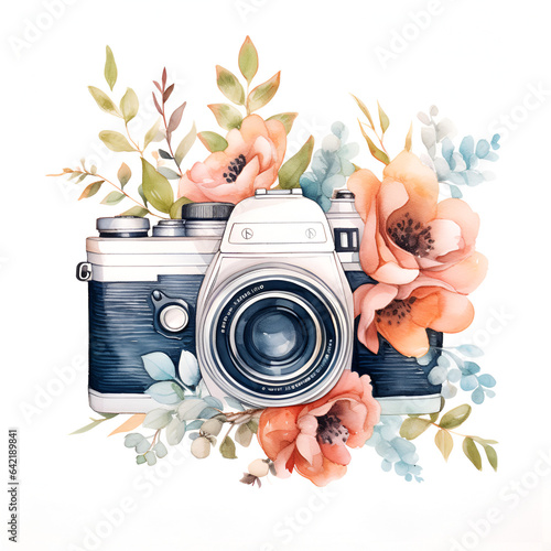 Watercolor illustration of a photo camera with beautiful pink flowers isolated on white background