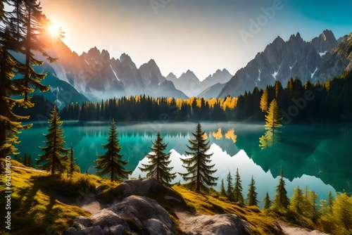 Calm morning view of Fusine lake. Colorful summer sunrise in Julian Alps with Mangart peak on background, Province of Udine, Italy, Europe. Beauty of nature concept background  © Mustafa_Art