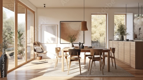 Interior design inspiration of Contemporary Scandinavian style home dining room loveliness decorated with Glass and Wood material and Window .Generative AI home interior design .