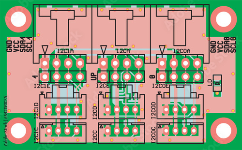 Vector printed circuit board of an electronic 
device with components of radio elements, 
conductors and contact pads placed on it. 
Engineering drawing.