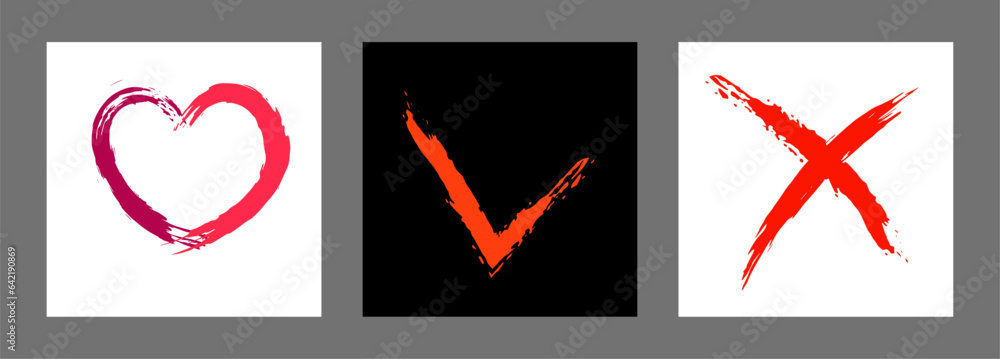 The cross, heart and OK symbol are hand-drawn with a brush. Prohibition, denial, error. Love. Approval, consent. Vector, set of 3 characters The cross, heart and OK symbol are hand-drawn with a brush. Prohibition, denial, error. Love. Approval, consent. Vector, set of 3 characters