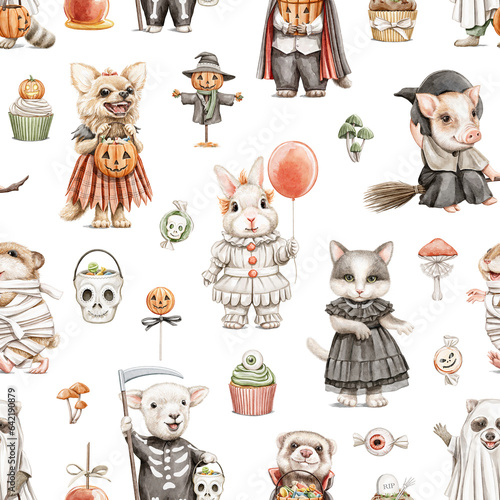 Photography Seamless pattern with vintage variety set of halloween funny cute animals in scary costumes and variety of spooky objects isolated on white background