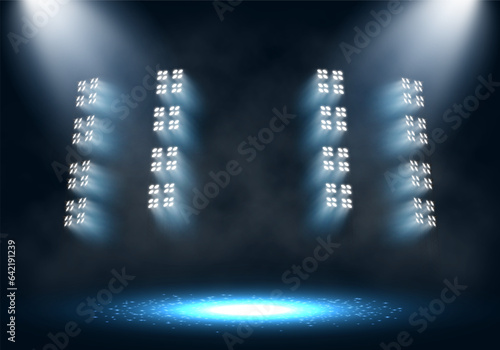 Spotlights. Scene for presentation with smoke illuminated by spotlights. Vector illustration.