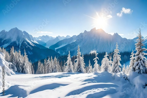Beautiful winter panorama with fresh powder snow. Landscape with spruce trees, blue sky with sun light and high Alpine mountains on background 