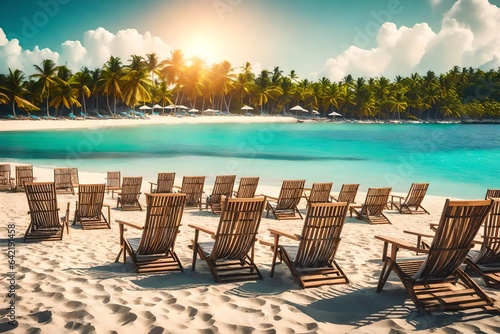 Beautiful beach. Chairs on the sandy beach near the sea. Summer holiday and vacation concept for tourism. Inspirational tropical landscape 
