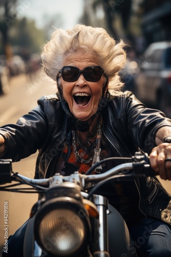 Funny elderly woman is riding a modern motorcycle with joyful expressive. Generative AI