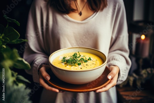 Woman holding  a bowl with pumpkin cream soup. Autumn hygge cozy dinner concept