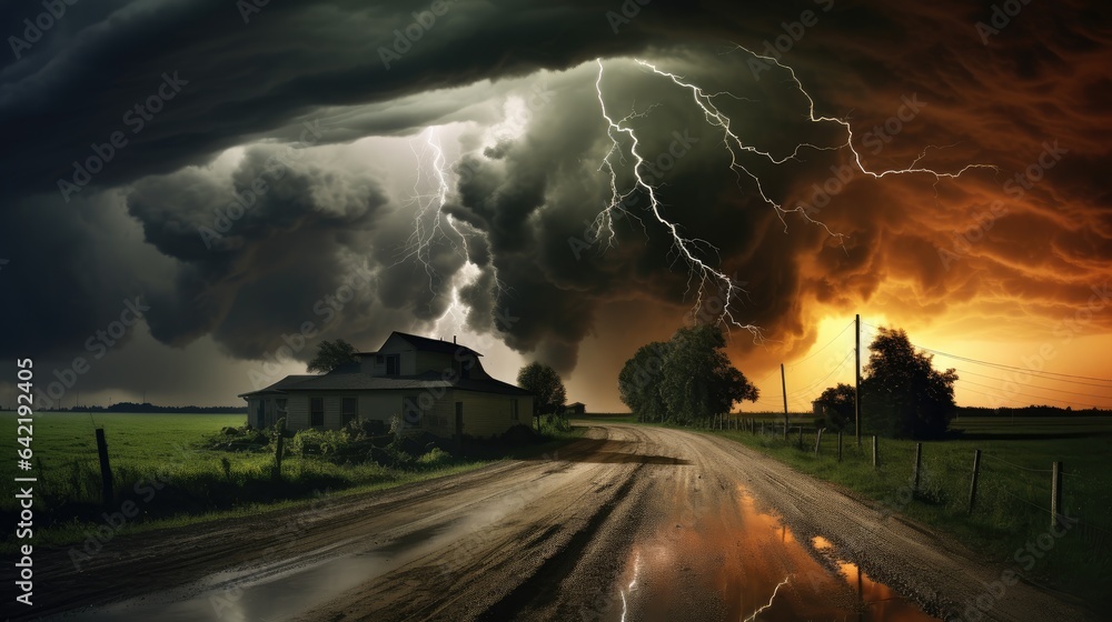 The wrath of nature monstrous tornado crashing into the rural landscape as lightning streaks across the sky.