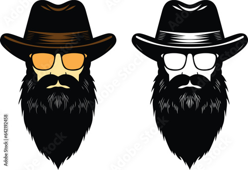 Bearded man wearing a hat front view vector illustration, Long bearded man wearing sunglasses stock vector image