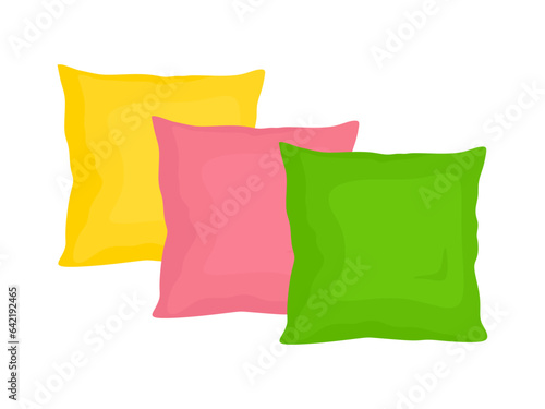 Colorful pillows in yellow, pink and green. Flat illustration of sofa bed sleep pillows isolated on white background. Eco pillow in cartoon style. Comfortable cushion for sleep, rest, relax. Vector