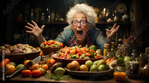 Funny elderly woman at home in the kitchen is preparing dinner with joyful expressive. Generative AI