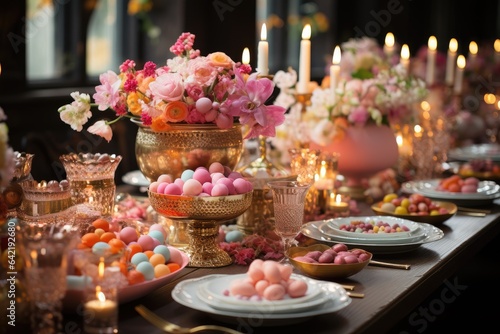 Festive Easter Banquet with typical dishes and sweets in decorated table., generative IA © JONATAS