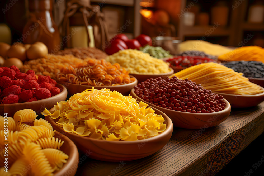 Variety of types and shapes of Italian pasta on a wooden table