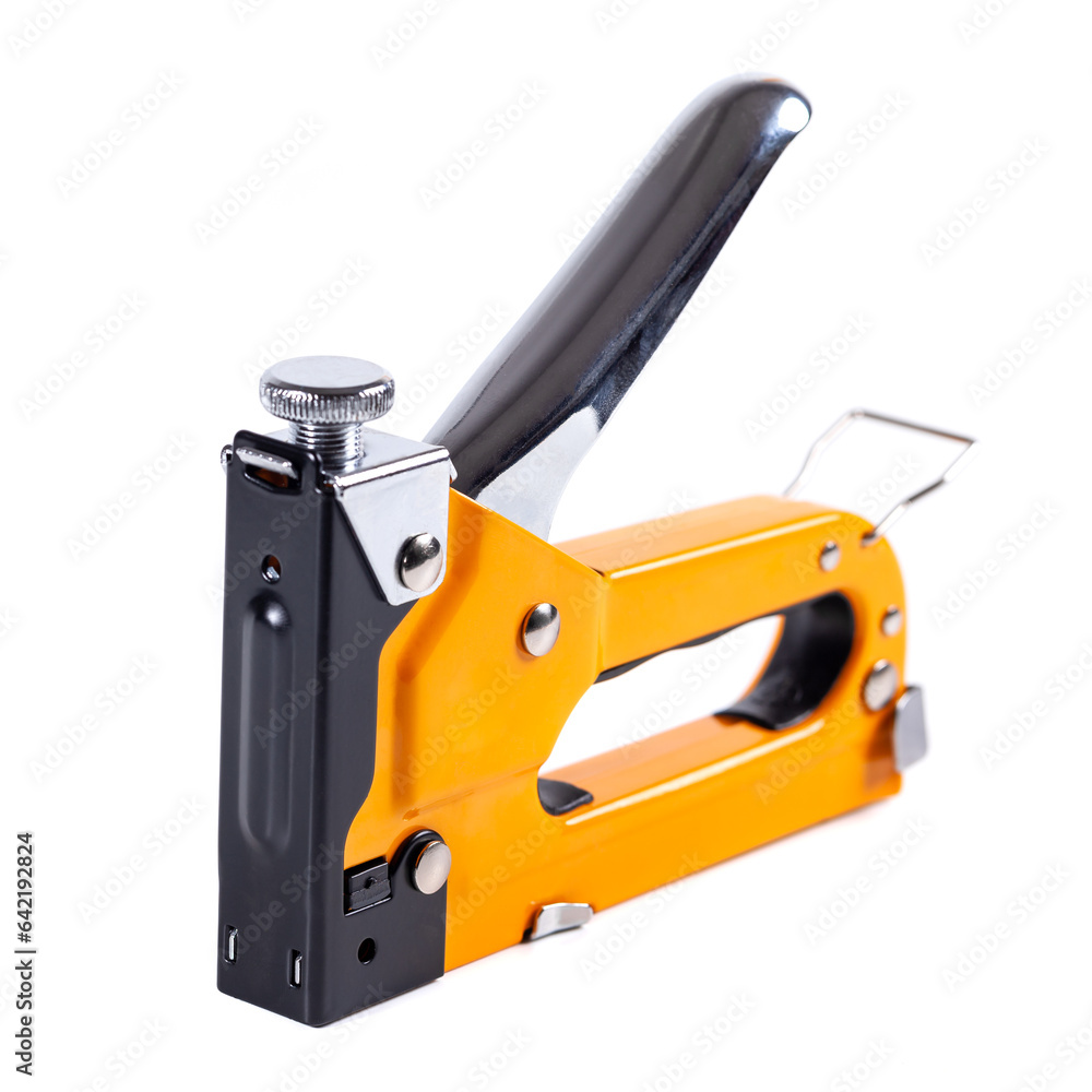 Industrial stapler for driving staples on a white background