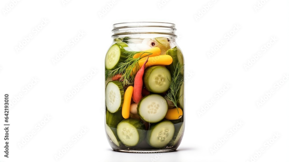 Jar of pickled vegetables against white background Jar of pickled vegetables against white background