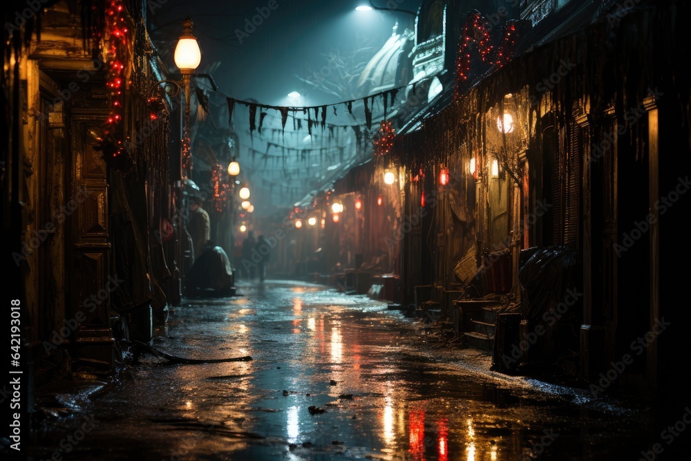 Night haunted maze in amusement park. Spirits, statues and mystery., generative IA Night haunted maze in amusement park. Spirits, statues and mystery., generative IA