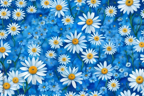 Hand painted blue watercolor allover seamless spring daisy liberty flowers 