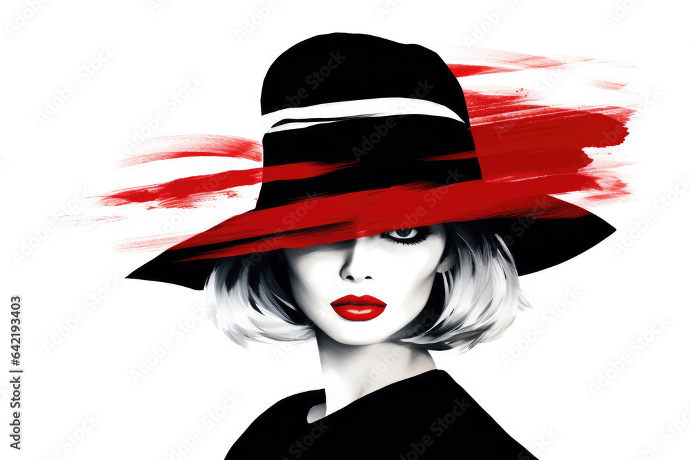 Young woman wearing elegant hat and dress with red lips makeup. Sexy female sketch, fashion model. Black, red and white drawing Young woman wearing elegant hat and dress with red lips makeup. Sexy female sketch, fashion model. Black, red and white drawing