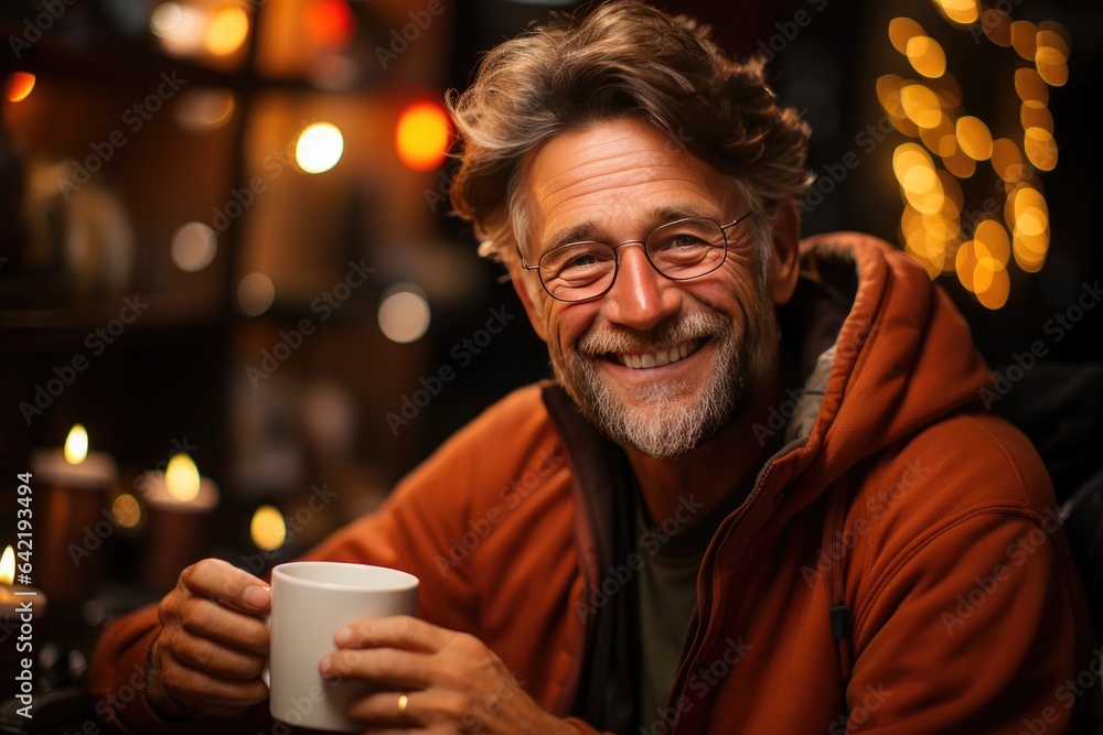 Emoted father holding a family photo mug., generative IA Emoted father holding a family photo mug., generative IA