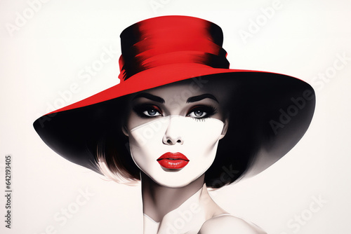 Young woman wearing elegant hat and dress with red lips makeup. Sexy female sketch, fashion model. Black, red and white drawing