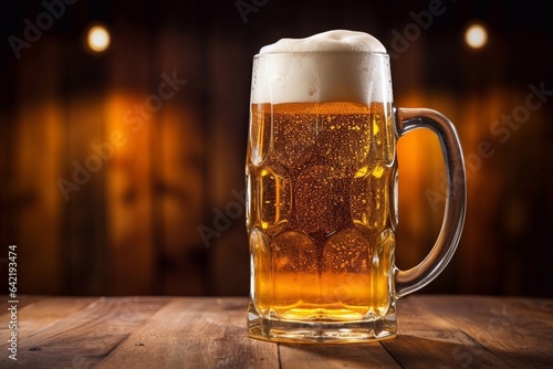 Mug of beer with foam on wooden table in pub or bar