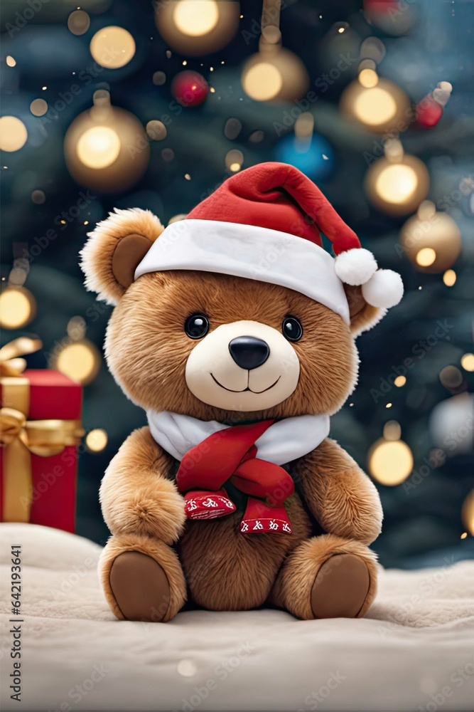 Plush bear sitting at Christmas, smiling Plush bear sitting at Christmas, smiling