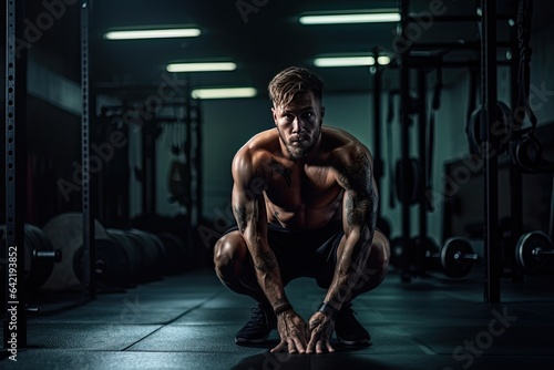 Muscular athlete focused on intense squatting in gym., generative IA