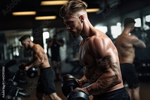 Gym-focused bodybuilder lifting dumbbells., generative IA