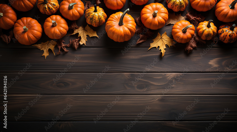 Halloween concept. High angle view of halloween pumpkins top border. Above view on a dark wood banner background. Copy space. Created with Generative AI Halloween concept. High angle view of halloween pumpkins top border. Above view on a dark wood banner background. Copy space. Created with Generative AI