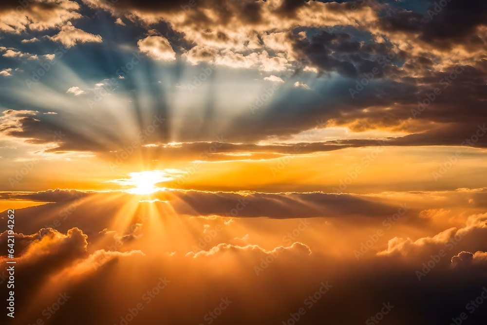 Sunset with sun rays, sky with clouds and sun 