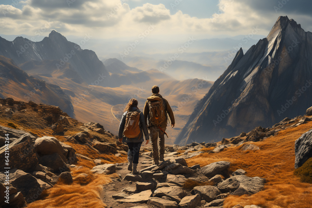 Couple of hikers with backpacks standing on a trail in the mountains - obrazy, fototapety, plakaty 