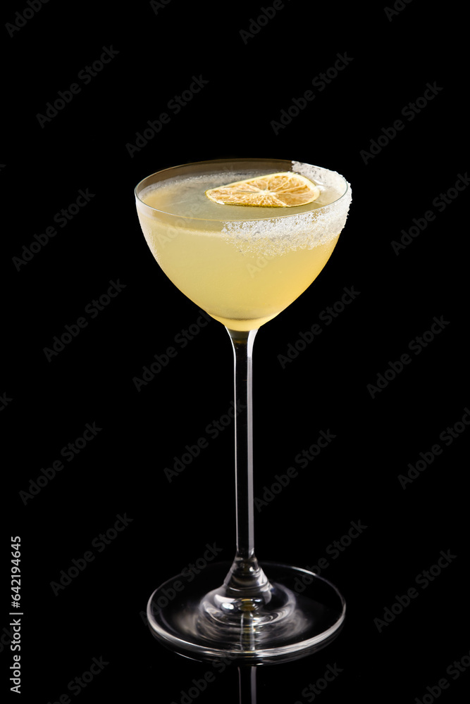 Magarita cocktail with lemon and salt on black background, item drink for bar menu