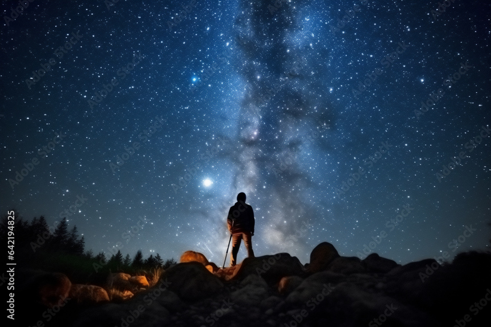 Man standing on a rock in the forest and looking at the starry sky