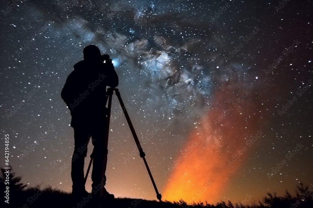 Fototapeta premium Silhouette of photographer with camera against starry night sky