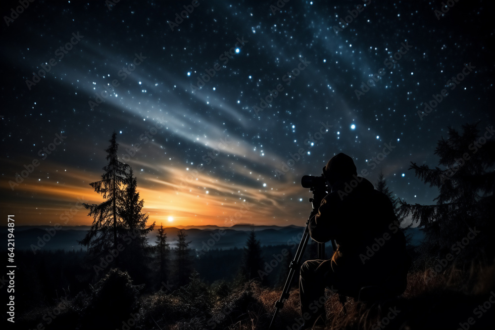 Fototapeta premium Silhouette of photographer with camera against starry night sky