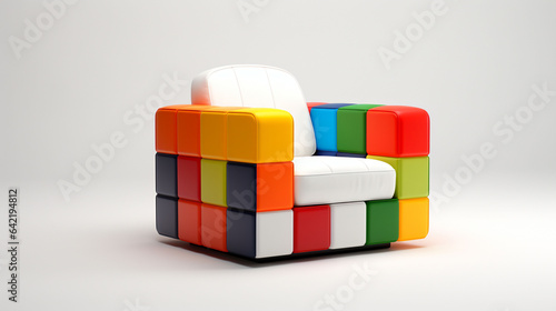 3D rendering of a chair on a white background with bold color blocks for a contemporary touch.