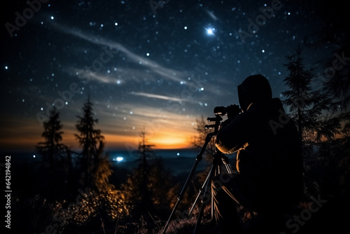 Silhouette of photographer with telescope at night sky background