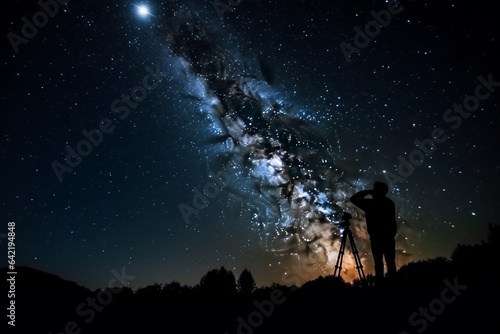 Silhouette of photographer with camera against starry night sky