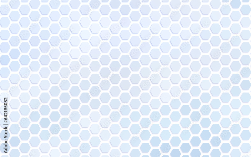 Blue and light blue hexagon grid pattern on white. Technology, connection and data concept. High resolution full frame abstract and modern background with copy space.