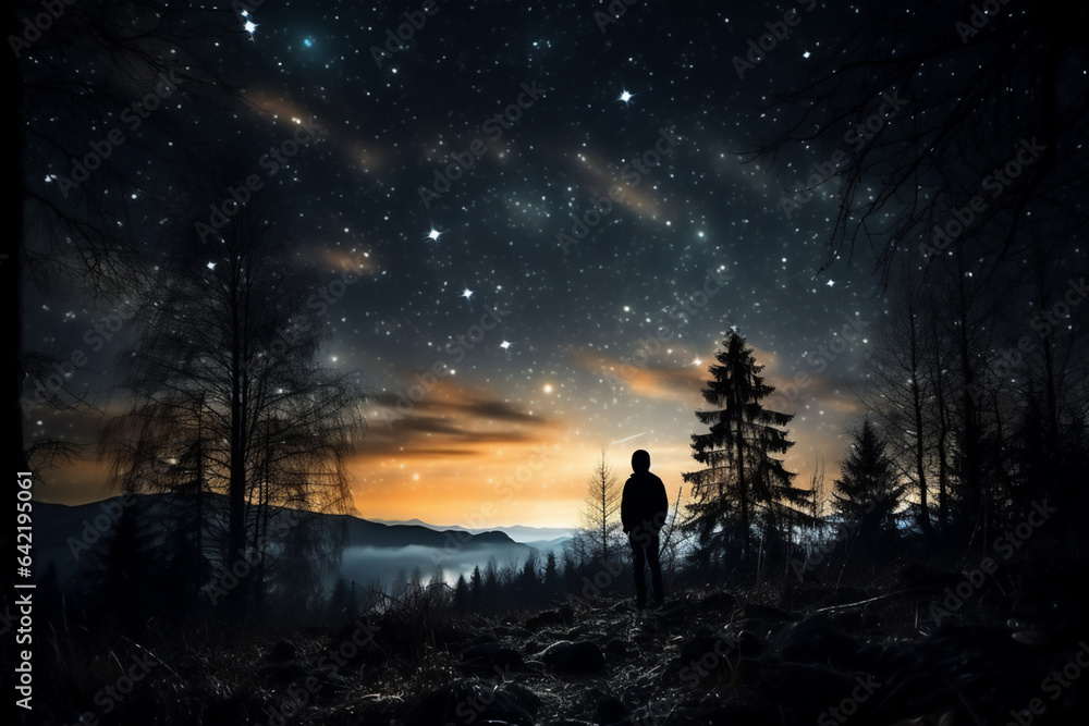 Fototapeta premium Man standing on a rock in the forest and looking at the starry sky