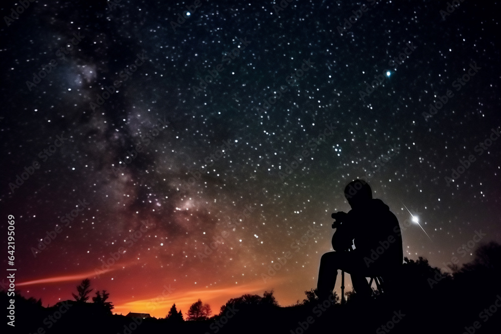 Silhouette of a man sitting on the edge of a forest and looking at the starry sky